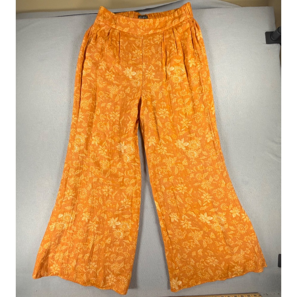 Wonderly Women's Large Orange Floral Wide Leg Palazzo Pants Boho Elastic Waist